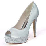 High Quality Women's Satin Stiletto Heel Peep Toe Platform Pumps Sandals Rhinestone Shoes For Wedding Party Bride