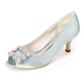 Women's Satin Stiletto Heel Pumps Sandals With Rhinestone Peep Toe Wedding Shoes