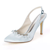 Women's Satin Stiletto Heel Closed Toe Pumps Sandals With Imitation Pearl Girl's Shoes For Wedding Party