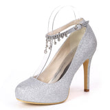 Women's Pumps Round Toe 11cm High Heels Platform Ankle Strap Rhinestone Shoes Female Wedding Stilettos