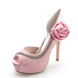 Women's Rhinestone Stiletto Heel Peep Toe Pumps Platform Sandals With Stitching Lace Flower Elegant Wedding Shoes