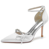 Women's Suede Stiletto Heel Closed Toe Pumps With Rhinestone Bowknot Wedding Shoes