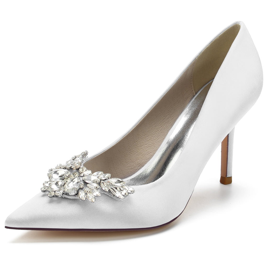 Women Pumps Stiletto Heel Pointed Toe Satin Rhinestone Party Wedding Heels Shoes