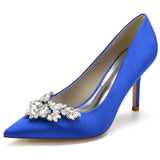 Women Pumps Stiletto Heel Pointed Toe Satin Rhinestone Party Wedding Heels Shoes