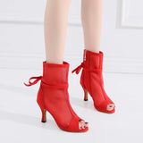 Soft Sole Dance Shoes Yellow Red Women High Heeled Tango Ballroom Dance Boots Girls Mesh Salsa Dancing Shoes