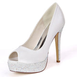 High Quality Women's Satin Stiletto Heel Peep Toe Platform Pumps Sandals Rhinestone Shoes For Wedding Party Bride
