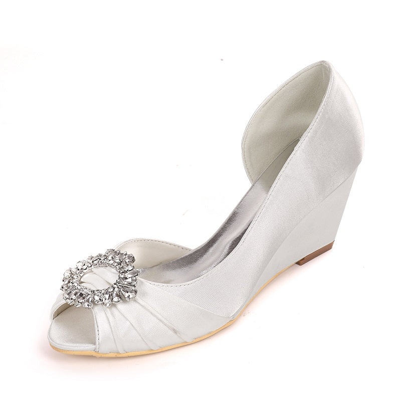Rhinestone Sandals Wedged Heel Peep Toe Pumps For Bride Wedding Party Shoes