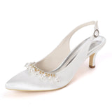 Women Girl Satin Stiletto Heel Closed Toe Pumps With Imitation Pearl Rhinestone