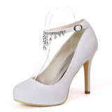 Women's Pumps Round Toe 11cm High Heels Platform Ankle Strap Rhinestone Shoes Female Wedding Stilettos