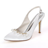 Women's Satin Stiletto Heel Closed Toe Pumps Sandals With Imitation Pearl Girl's Shoes For Wedding Party