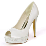High Quality Women's Satin Stiletto Heel Peep Toe Platform Pumps Sandals Rhinestone Shoes For Wedding Party Bride