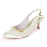 Women Girl Satin Stiletto Heel Closed Toe Pumps With Imitation Pearl Rhinestone