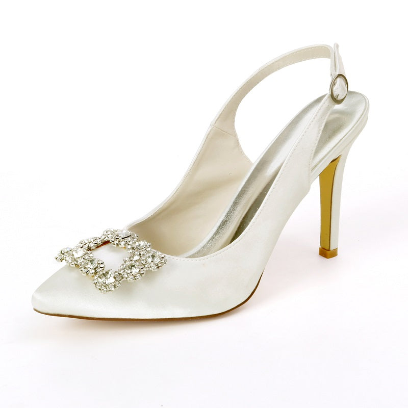 Women's Pumps Fashion Stiletto High Heel Wedding Shoes Pointed Satin Rhinestone Buckle Slip On Shoes