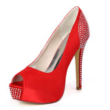 Wedding Party Pumps Satin Platform Rhinestone Peep Toe Stiletto Heel Pumps For Bride Women 12.5cm Heel Shoes