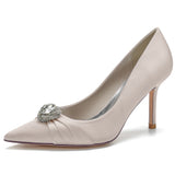 Women's Satin Stiletto Heel Closed Toe Pumps With Rhinestone
