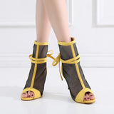 Soft Sole Dance Shoes Black Yellow Women High Heeled Tango Ballroom Dance Boots Girls Mesh Salsa Dancing Shoes
