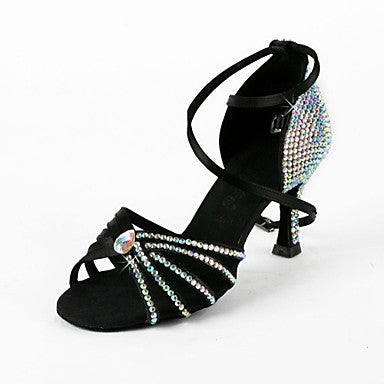 Women's Latin Shoes | Ballroom Shoes | Satin Sandal Rhinestone Dance Shoes | Black | Danceshoesmart