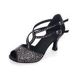 Women's Latin Shoes | Satin Rhinestone Dance Shoes | Bronze Black | Customized Dance Shoes | Danceshoesmart